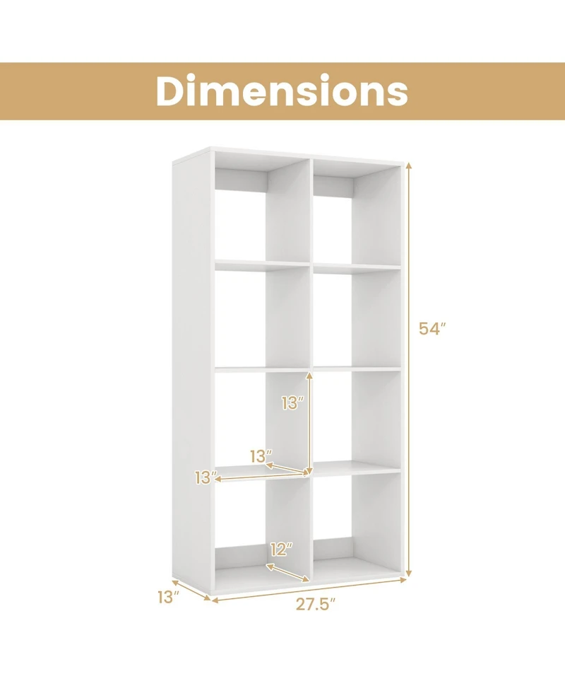 Gouun 8-Cube Bookshelf with Reinforced Crossbar and Back Guardrail, 27.5 x 13 x 54