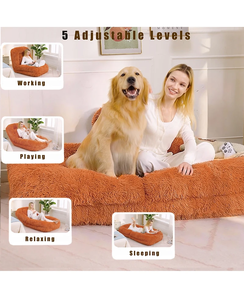 Rainsken Luxurious Plush Human Dog Bed, Foldable 5-Position Lounger Sofa, Comfortable Floor Chair with Pillow for Bedroom and Living Room