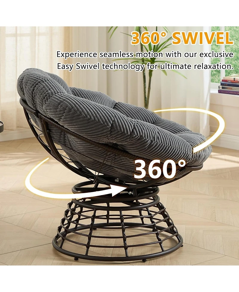 Rainsken 360degree(s) Swivel Rattan Papasan Chair, Indoor Outdoor Wicker Accent Chair with Soft Thick Cushion, 300 Lbs Capacity for Balcony