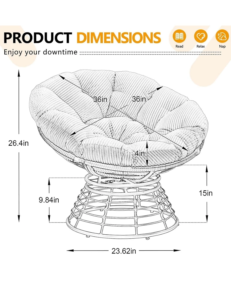 Rainsken 360degree(s) Swivel Rattan Papasan Chair, Indoor Outdoor Wicker Accent Chair with Soft Thick Cushion, 300 Lbs Capacity for Balcony