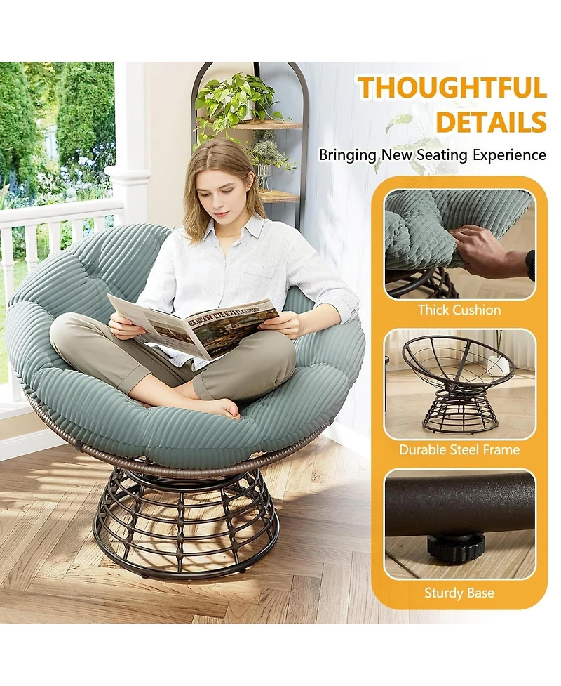 Rainsken 360degree(s) Swivel Rattan Lounge Chair, Wicker Papasan Seat with Plush Cushion, Sturdy Frame Holds Up to 300 Lbs for Bedroom and Balcony