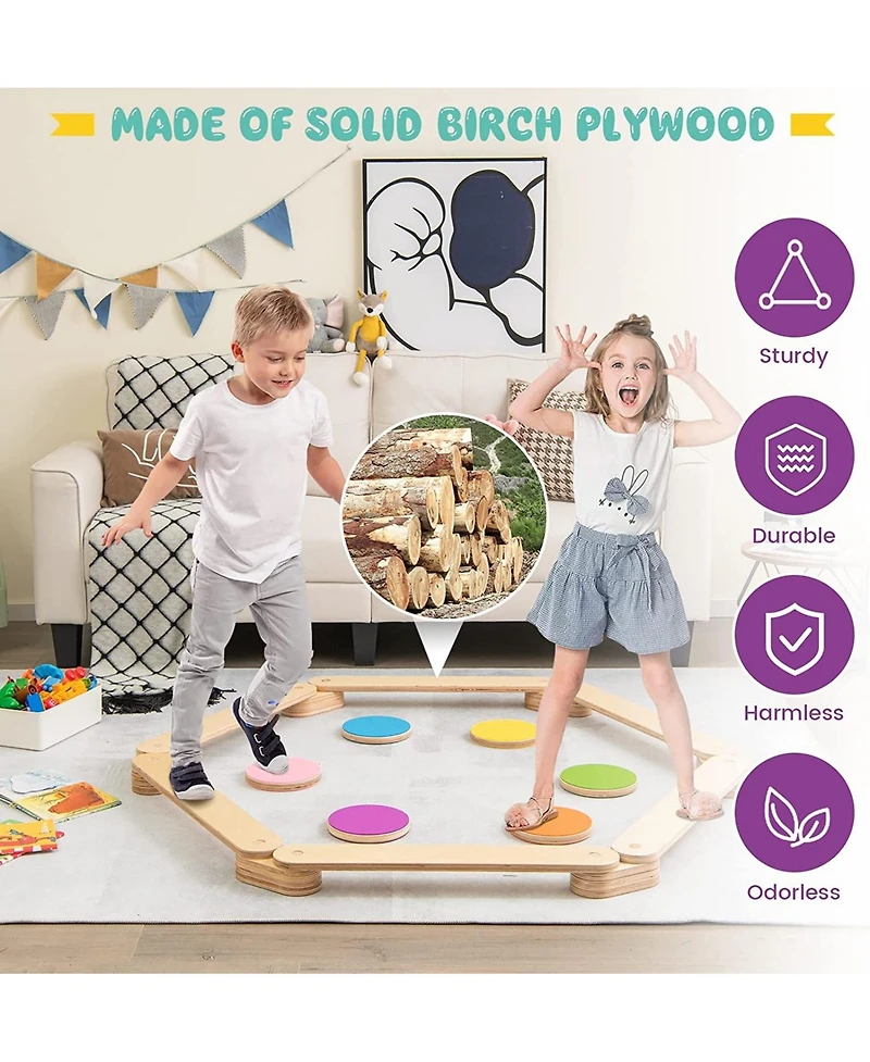 Slickblue 12-Piece Kids Wooden Balance Beam with Colorful Steeping Stones