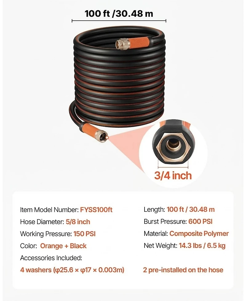 Sugift Garden Hose, 100 ft 5/8", Heavy Duty 4-Layer Rubber Hose for Outdoor Use