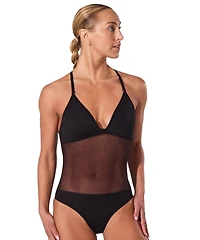 Plunge Neck Mesh Midriff Leotard