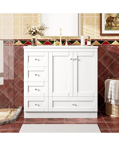 Busdays Shaker Freestanding Bathroom Vanity Cabinet with Ceramic Sink 4 Soft Close Drawers 2 Soft Close Doors Spacious Storage Modern Design