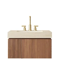 Busdays 30 Inch Floating Bathroom Vanity with Sink Plywood Cabinet Roma Travertine Stone Top Ceramic Basin 3 Pre Drilled Holes Brown Oak
