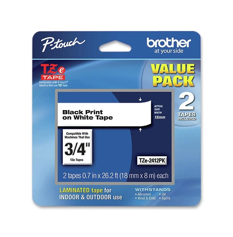 Brother P-Touch TZE2412PK 0.7 in. x 26.2 ft. TZe Standard Adhesive Laminated Labeling Tape - Black on White (2/Pack