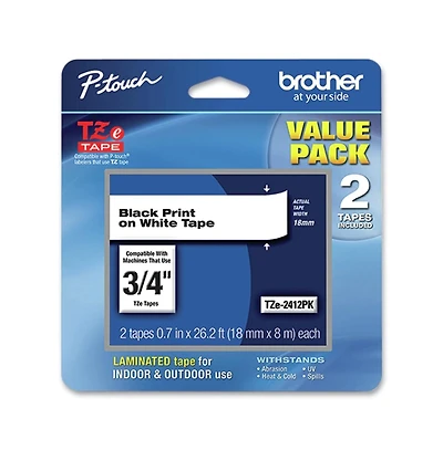 Brother P-Touch TZE2412PK 0.7 in. x 26.2 ft. TZe Standard Adhesive Laminated Labeling Tape - Black on White (2/Pack