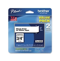 Brother P-Touch TZE2412PK 0.7 in. x 26.2 ft. TZe Standard Adhesive Laminated Labeling Tape - Black on White (2/Pack