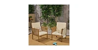 Flynama Outdoor Acacia Wood Patio Conversation Set with 2 Club Chairs Foldable End Table Brown Patina Cream Cushion for Garden Deck