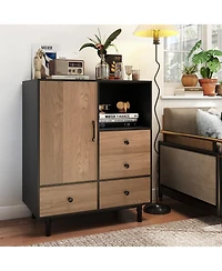 Gouun Mid Century Buffet Sideboard with 4 Drawers and Open Compartment