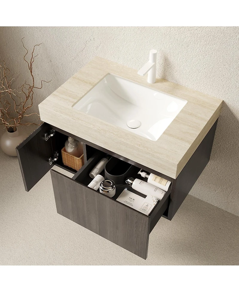 Sillysis Floating Bathroom Vanity with Roma Travertine Sintered Stone Top, Ceramic Sink, Soft Close Storage