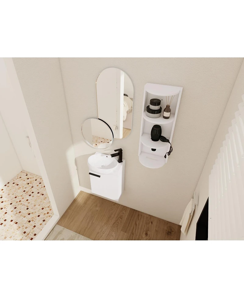 Sillysis 16.8 Inch Bathroom Vanity with 3-Tier Storage Rack and Ceramic Sink, Black Wall Mounted Modern Cabinet, Soft Close Door for Small Spaces