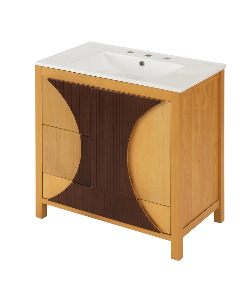 Busdays Mid Century Modern Bathroom Vanity with Sink Freestanding Wood Cabinet 3 Drawers Soft Close Door Two Tone Fluted Panel Design