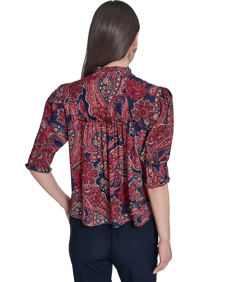 Tommy Hilfiger Women's Paisley Print Ruffle Neck Button Up Blouse
