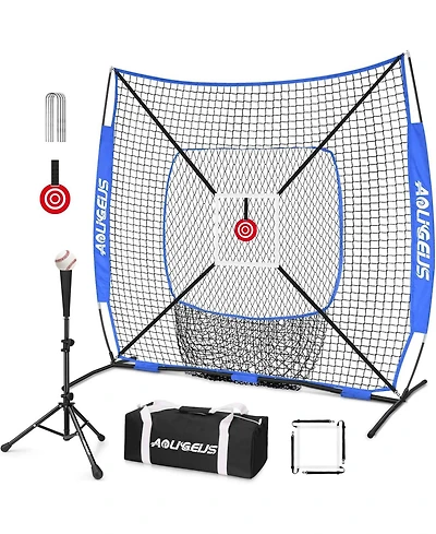 Aoligeijs Baseball Softball Practice Net,Pitching Net,Batting Net,with Baseball Tee,Bonus Strike Zone,Target and Bow Frame,for Hitting,Pitching