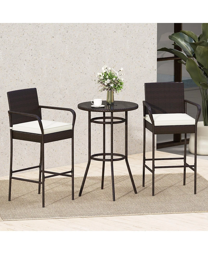 Sugift Patio Rattan Bar Height Table and Chairs with 2 Seat Cushions for Porch