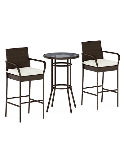 Sugift Patio Rattan Bar Height Table and Chairs with 2 Seat Cushions for Porch