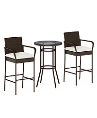Sugift Patio Rattan Bar Height Table and Chairs with 2 Seat Cushions for Porch