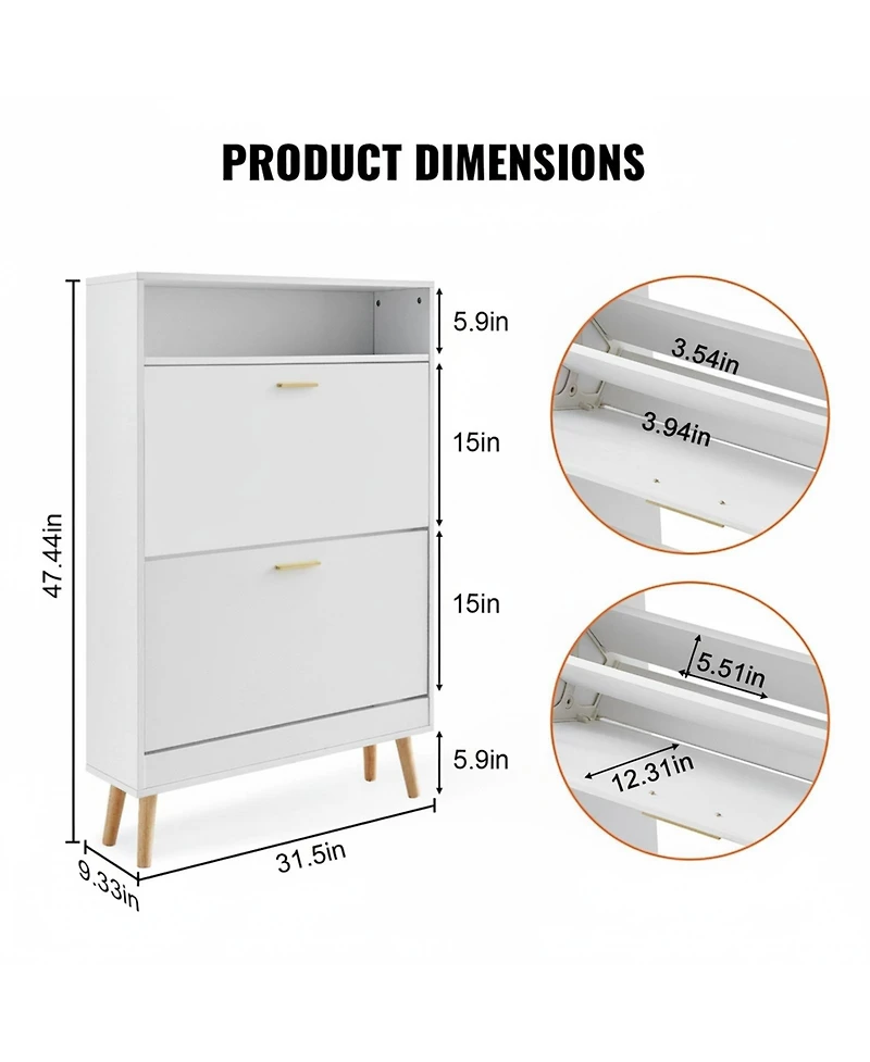 Gouun Slim Shoe Cabinet with 2 Flip Drawers and Top Cubby