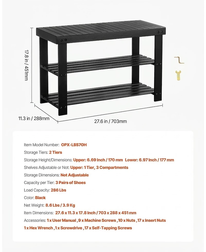 Gouun 3-Tier Bamboo Shoe Rack Bench,286 lbs Capacity