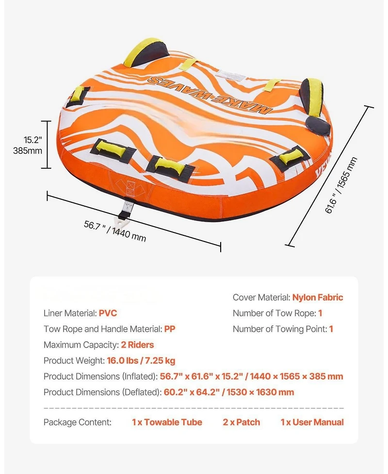 Mecale 1-2 Rider Towable Tube for Boating 340 lbs with Rear Fins