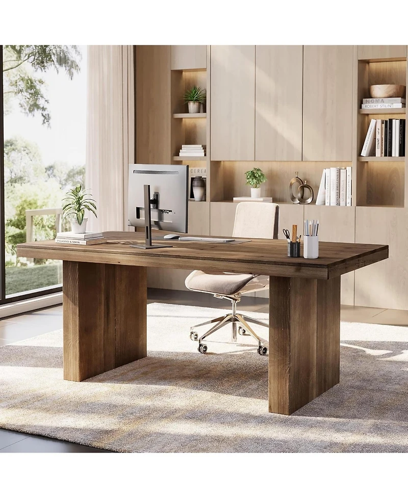 Tribesigns 63" Solid Wood Home Office Desk, Farmhouse Large Executive Computer Desk with Sturdy Wooden Legs, Study Writing Table Business Workstation