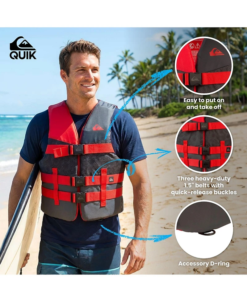 Quiksilver Uscg Approved Men's Life Vest, Light-Weight Epe Foam, Three Belts with Quick-Release Buckles and D-Ring for Fishing Boating