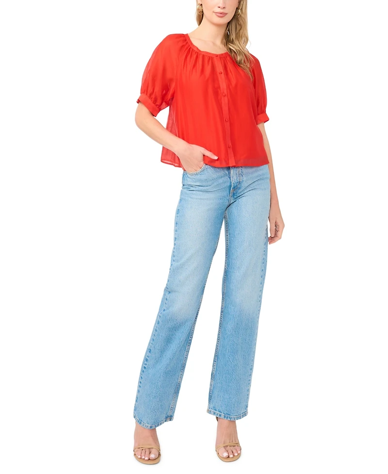 Vince Camuto Women's Crewneck Button Down Short-Sleeve Flowy Top