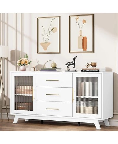 gaomon Modern Sideboard Buffet Cabinet with 3 Drawers Adjustable Shelves and Fluted Glass Doors