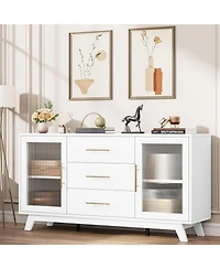 gaomon Modern Sideboard Buffet Cabinet with 3 Drawers Adjustable Shelves and Fluted Glass Doors