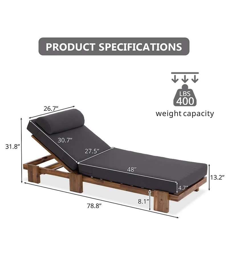 Rainsken 78.8'' Outdoor Chaise Lounge Chair, Acacia Wood Reclining Chair with Headrest, Retractable Side Tray and Adjustable Backrest for Beach