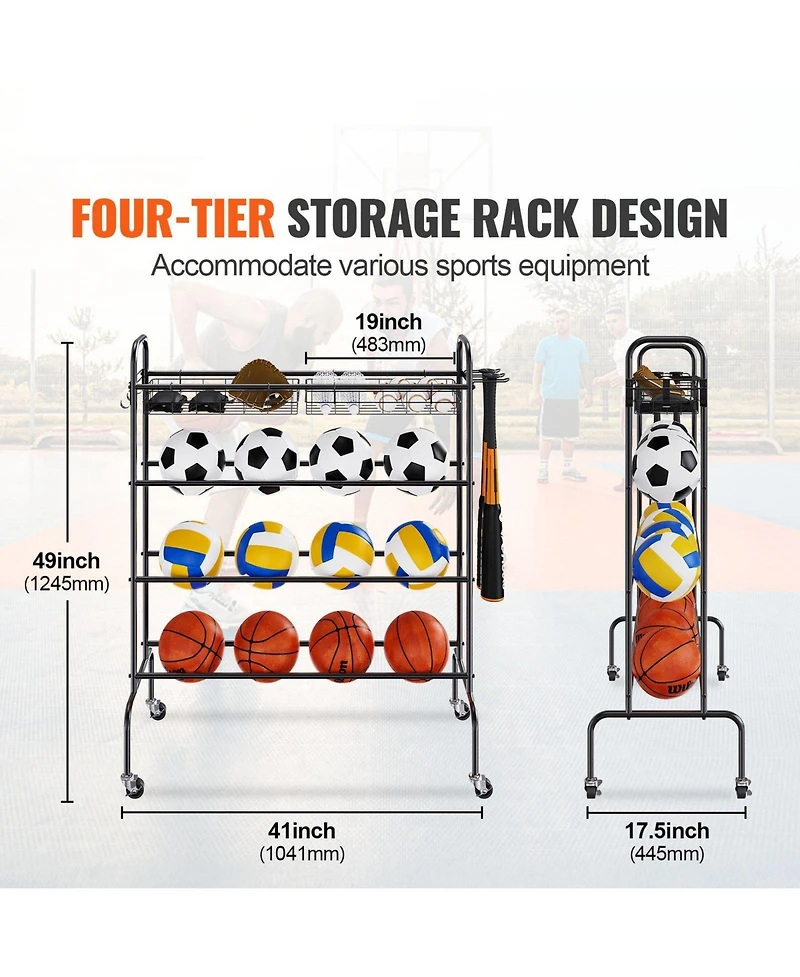 Mecale 4-Tier Rolling Basketball Rack with Wheels, Hooks & Baskets, Sports Equipment Storage Organizer for Garage, Balls & Gear