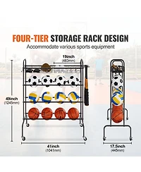 Mecale 4-Tier Rolling Basketball Rack with Wheels, Hooks & Baskets, Sports Equipment Storage Organizer for Garage, Balls & Gear