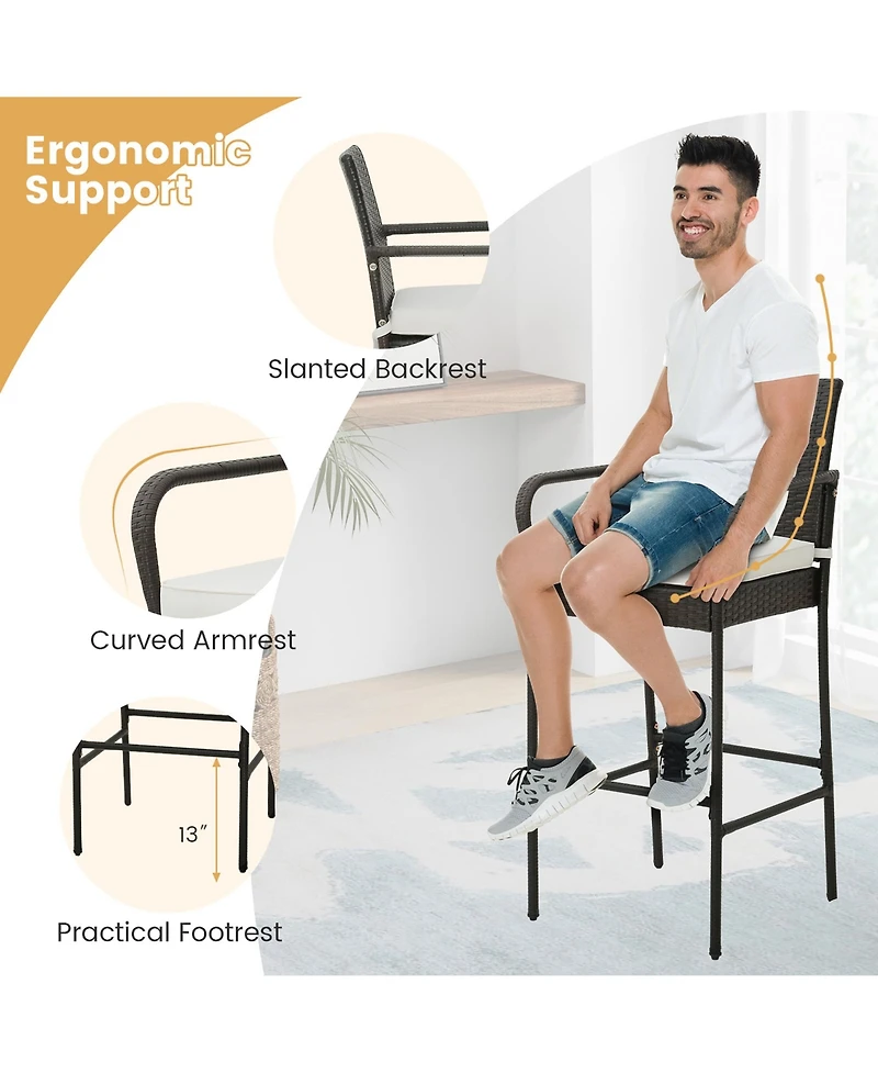 Gymax Set of 2 Wicker Bar Stools Set Outdoor High Back Bar Counter Chairs w/ Cushions