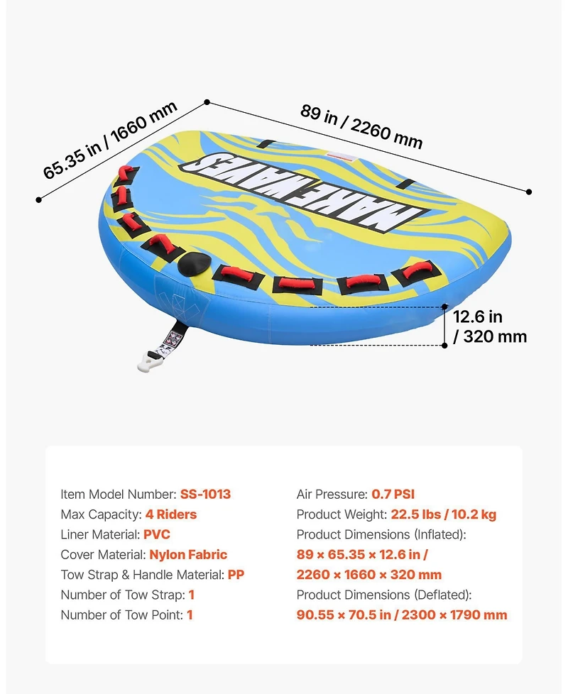 Mecale 4-Rider Towable Tube for Boating 680 lbs with Rear Fins