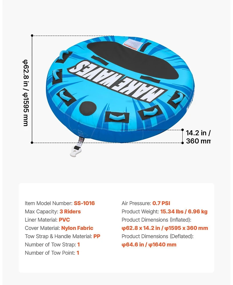 Mecale 3-Rider Towable Tube for Boating 510 lbs with Anti-Slip Pad
