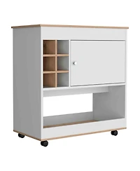 Flynama Light Oak/White Bar Cart with 6 Bottle Cubbies, 1 Cabinet and 4 Casters