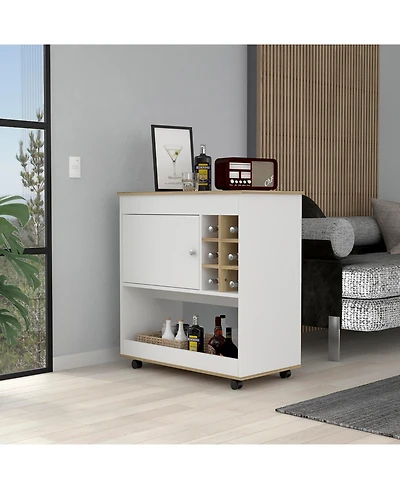 Flynama Light Oak and White 6-Bottle 1-Shelf Bar Cart with 1 Cabinet
