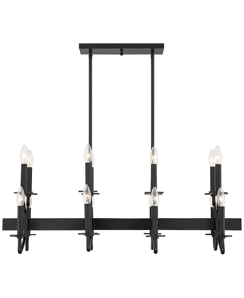 Franklin Iron Works Gloss Black Linear Pendant Chandelier Wide Modern 16-Light Fixture for Kitchen Island Dining Room Home