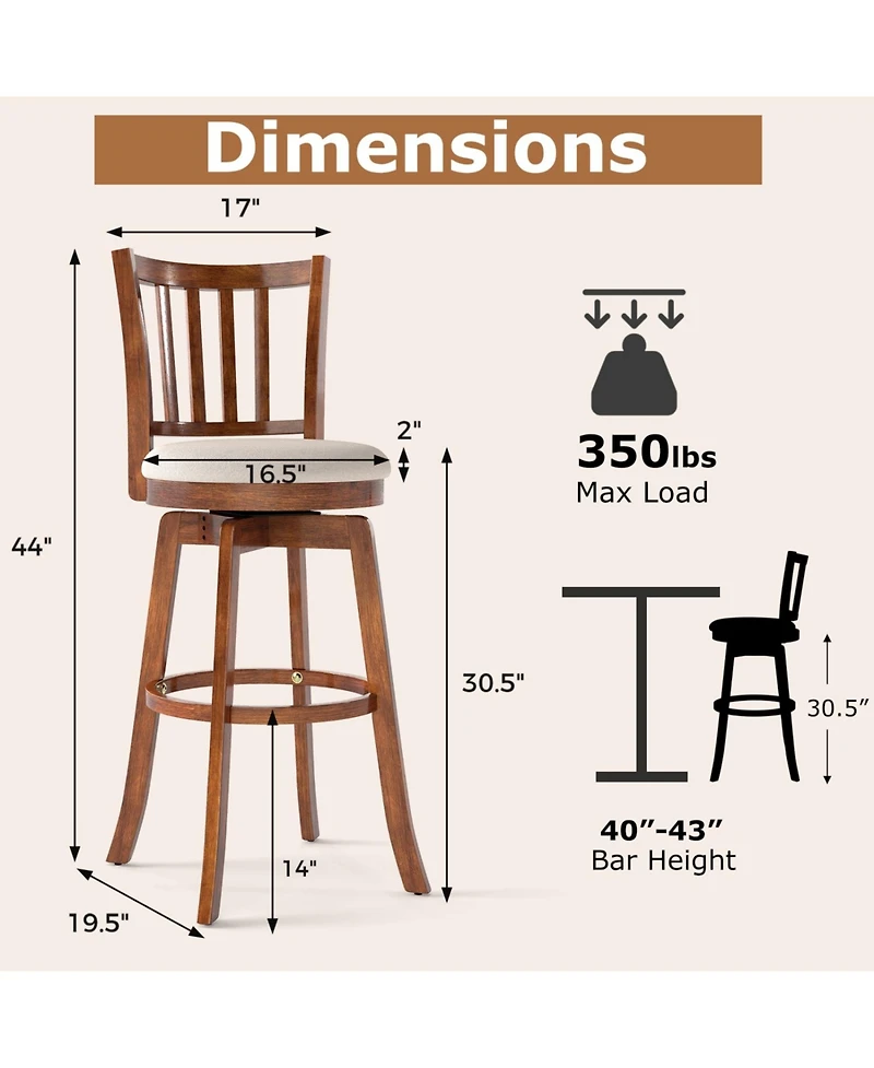 Sugift 360degree(s) Rotating Counter Height Chairs Set of 2 with Upholstered Seat and Backrest-29 inches