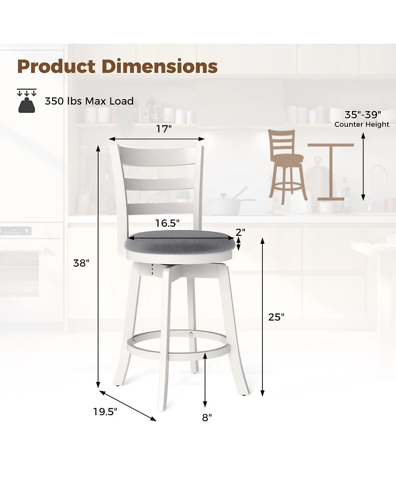Sugift 25" Swivel Barstools Set of 2, 360degree(s) Rotating Bar/Counter Height Chairs with Upholstered Seat