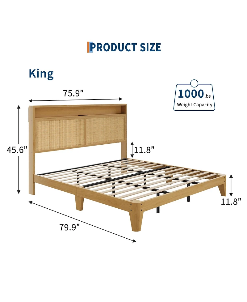 Homfan Rattan Bed Frame with Rgb Led Lights - 2-Tier Storage and Under Bed Storage, Charging Station - Sturdy Wooden Slats, No Box Fresh Needed