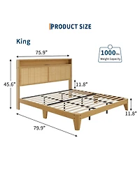 Homfan Rattan Bed Frame with Rgb Led Lights - 2-Tier Storage and Under Bed Storage, Charging Station - Sturdy Wooden Slats, No Box Fresh Needed
