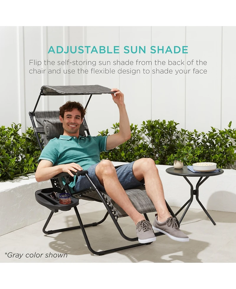 Best Choice Products Folding Zero Gravity Recliner Patio Lounge Chair w/ Canopy Shade, Headrest, Tray
