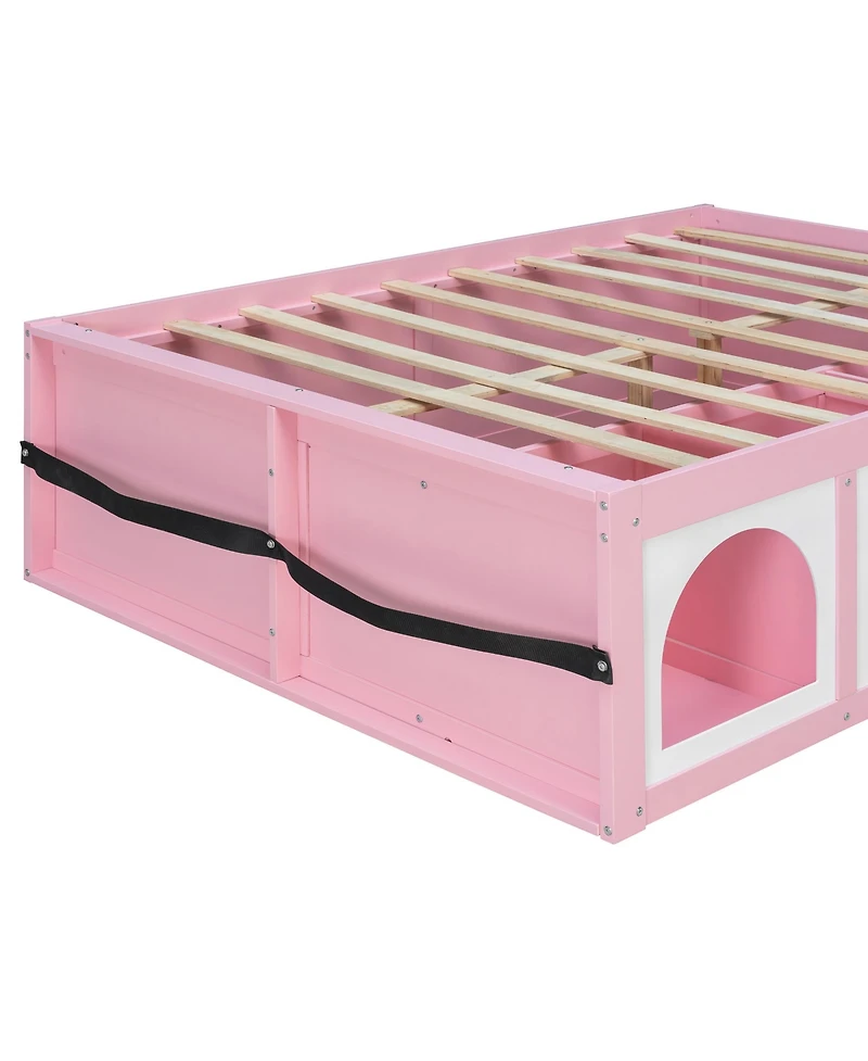 Rainsken Modern Wooden Full Size Platform Bed Frame for Kids Teens, Integrated with Bookshelf, Side Display Cabinet, Led Lighting and Storage Drawer