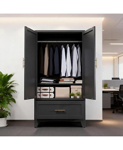 Rainsken Wardrobe Cabinet, 60" Tall Armoire Wardrobe Closet with 1 Drawer, 2 Doors and Hanging Rod, Farmhouse Clothing Storage Cabinet for Bedroom