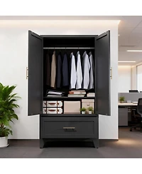 Rainsken Wardrobe Cabinet, 60" Tall Armoire Wardrobe Closet with 1 Drawer, 2 Doors and Hanging Rod, Farmhouse Clothing Storage Cabinet for Bedroom