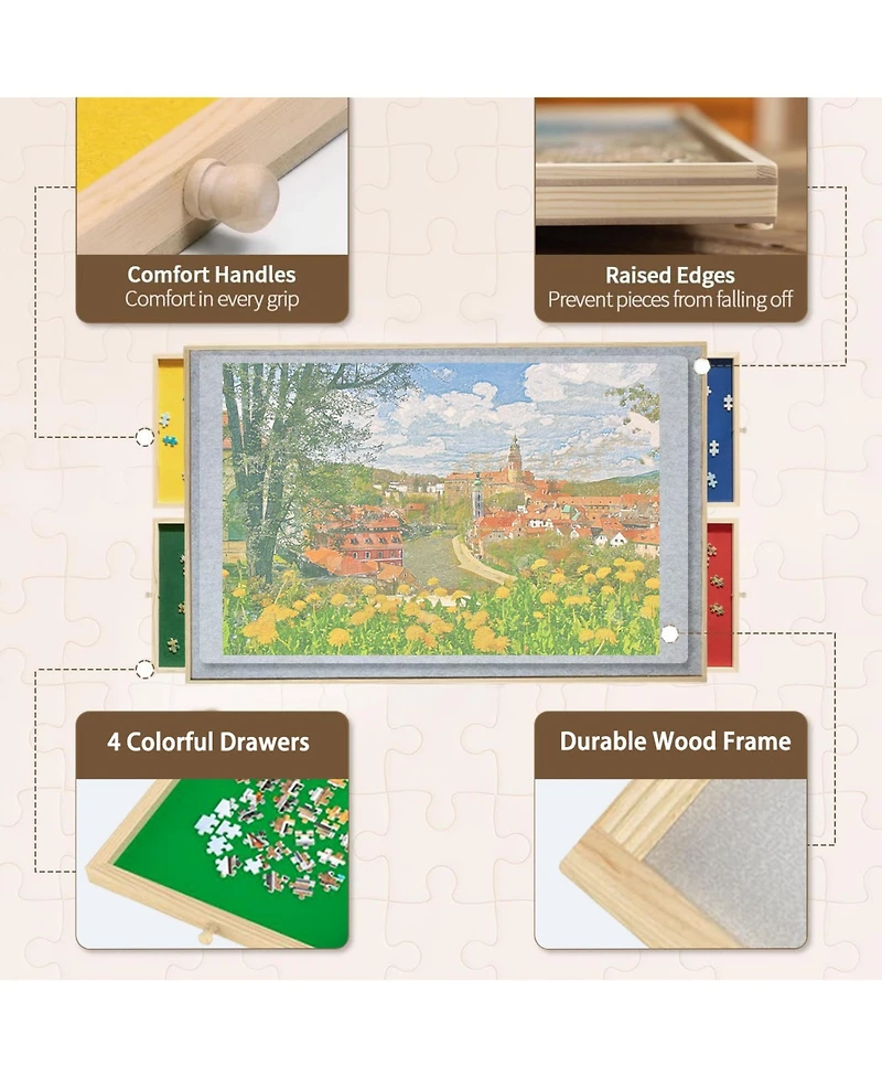 Rainsken Wooden 1500 Piece Puzzle Table with 4 Drawers, Rolling Wheels, Adjustable Height and 360degree(s) Tilting Surface for Adults, 35" x 27.17"