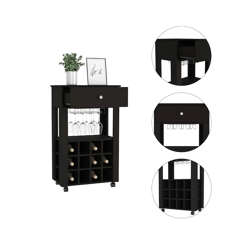 flynama Bar Cart with 12 Built-in Wine Rack, 8-Glass Rack and Spacious Drawer
